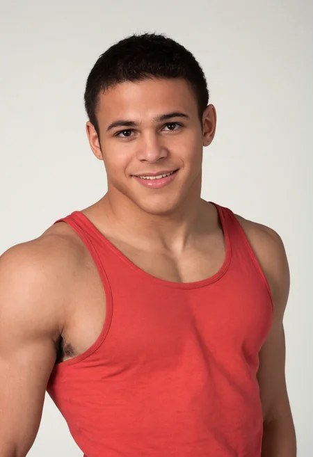 male glennperson <lora:sc_glenn_sdxl_v1-000010:1>, medium-shot, (smile:0.35), wearing red tank top, white background, high quality, studio shot, high key, professional lighting
