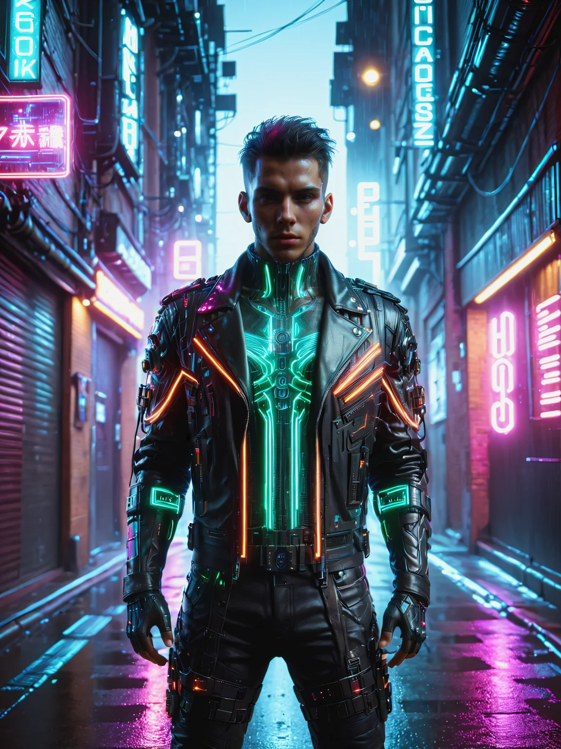 man, mad-neonbody, cyberpunk, leather jacket, alley, haze, steam, rain, night, neon light, dynamic pose <lora:Neon_Cyberpunk_Neon_Body_SDXL:1>, raw photo, film grain, (photorealistic, realistic:1.2), deep shadow, 8k, uhd, dslr, ultra high res