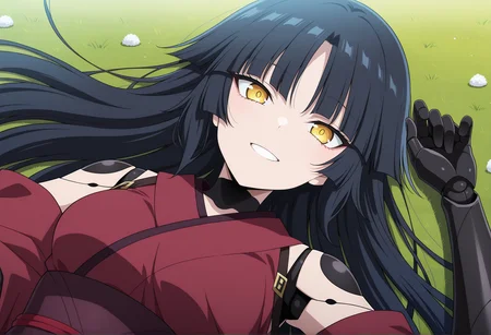 anime screencap, anime screenshot, anime coloring, lying, 1girl, black hair, long hair, hime cut, yellow eyes, robot joints, humanoid robot, mechanical arms, japanese clothes, outdoors, smile, teeth, hand one hair, dappled sunlight, rice field, upper body, <lora:kato_danzo:1>, masterpiece, best quality, amazing quality, very aesthetic, absurdres, highres, newest