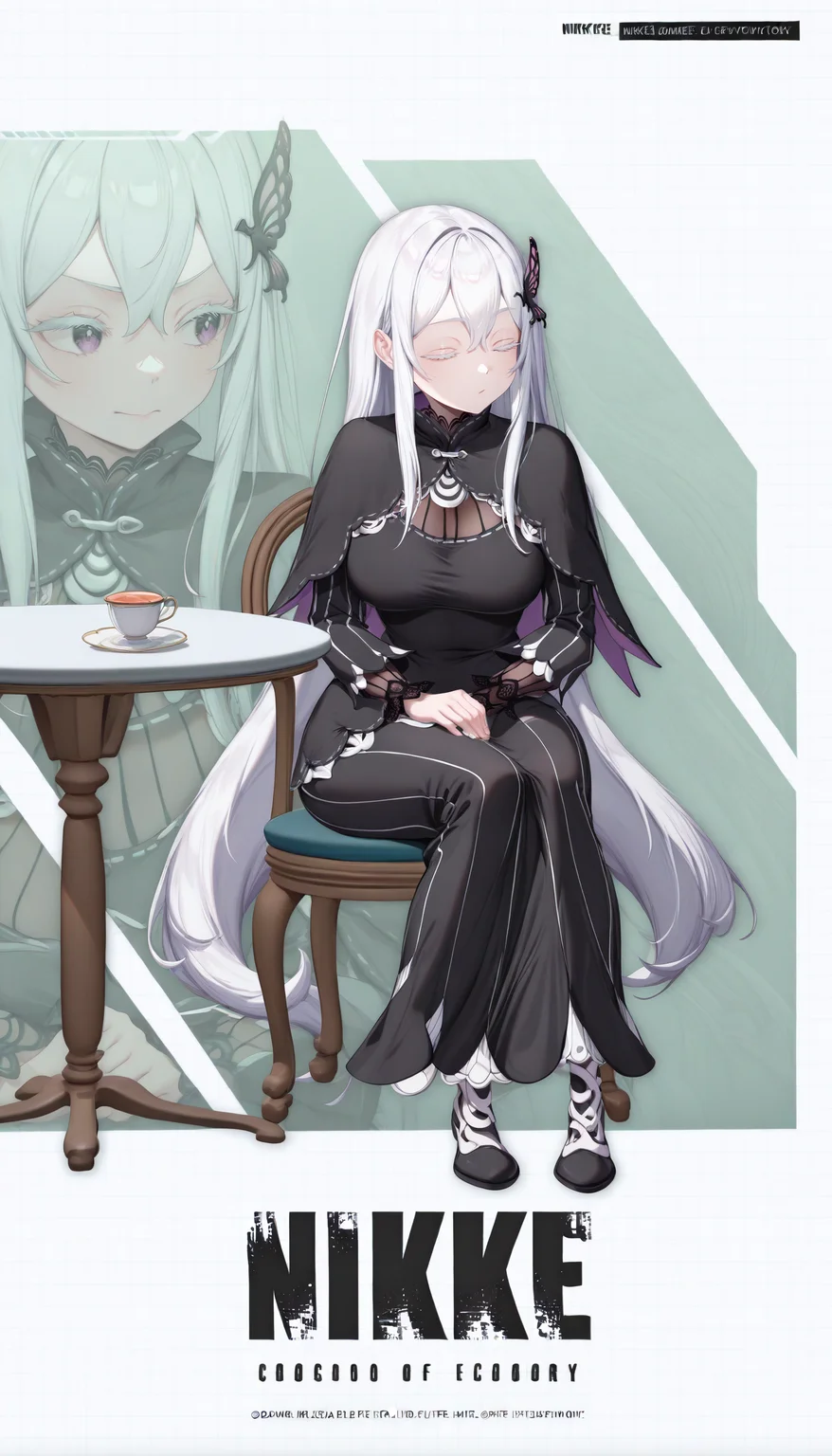 masterpiece, best quality, newest, absurdres, highres, NikkeProfile, full body, checkered background, zoom layer, copyright name, character name, english text, logo, looking to the side, <lora:NikkeProfile_illusXLNoobAI_Incrs_v2:1>, white background, 1girl, echidna \(re:zero\), black dress, sitting, chair, table, teacup, closed eyes,
