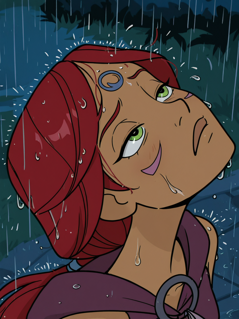 (masterpiece,best quality,newest,absurdres,highres), 4nn4Ma4t, 1girl, solo, long hair, green eyes, red hair, dark-skinned female, low ponytail, night, raining, wet hair, bend head back, looking up, squinting, raindrops on face, (from above), face viewer  <lora:Anna_Maht_IllustriousXL:0.9>