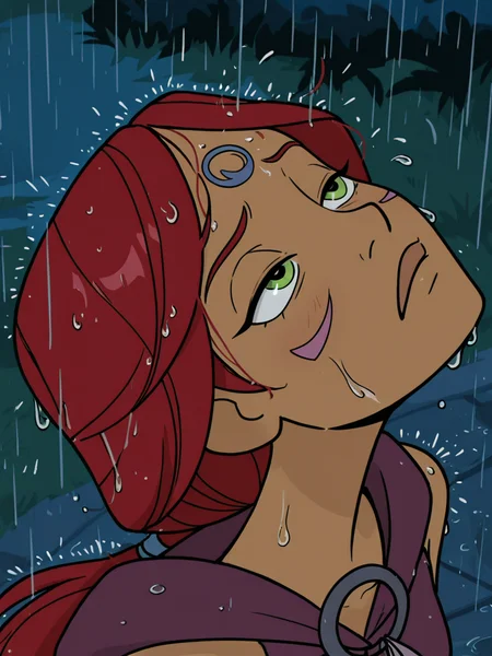 (masterpiece,best quality,newest,absurdres,highres), 4nn4Ma4t, 1girl, solo, long hair, green eyes, red hair, dark-skinned female, low ponytail, night, raining, wet hair, bend head back, looking up, squinting, raindrops on face, (from above), face viewer  <lora:Anna_Maht_IllustriousXL:0.9>
