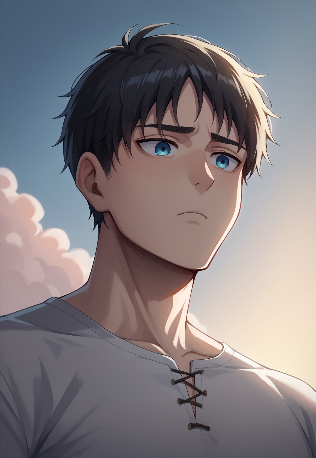 score_9,score_8_up,score_7_up,<lora:Expressive_H:1>,expressiveh,source_anime,best quality,masterpiece, high detail, high quality, high eye detail, high face detail, high body detail, depth of field, cinematic lighting, 1boy, eren Jaeger, 18 years old boy, portrait, the shape of the main body, long, tired, sky, below, Dutch angle 60,low angle view, 