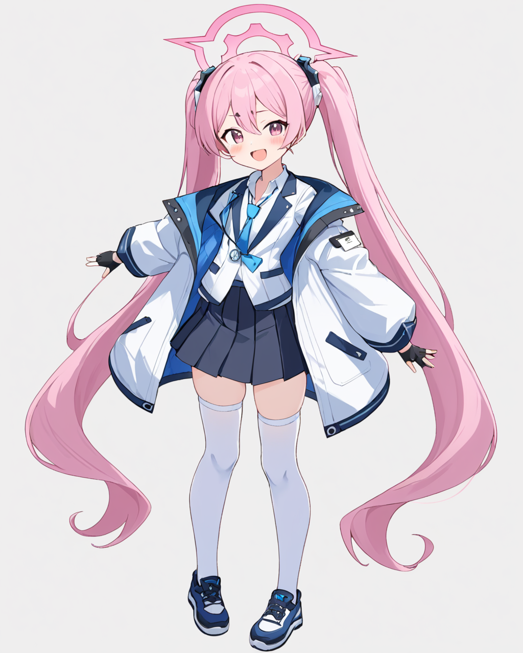 koyuki \(blue archive\),1girl, solo, halo, twintails, one_eye_closed, blue_necktie, v, collared_shirt, black_gloves, white_thighhighs, white_shirt, smile, white_jacket, simple_background, pleated_skirt, fang, full_body, shoes, fingerless_gloves, open_jacket, black_skirt, puffy_long_sleeves, looking_at_viewer, white_background, white_footwear, ;d, standing, open_mouth, id_card, grey_background, blush_stickers
<lora:koyuki_(blue_archive)_image708_2023-11-28-000012:1>halo. gorgeous,key visual, vibrant, studio anime,award-winning, professional, highly detailed,high budget, cinemascope