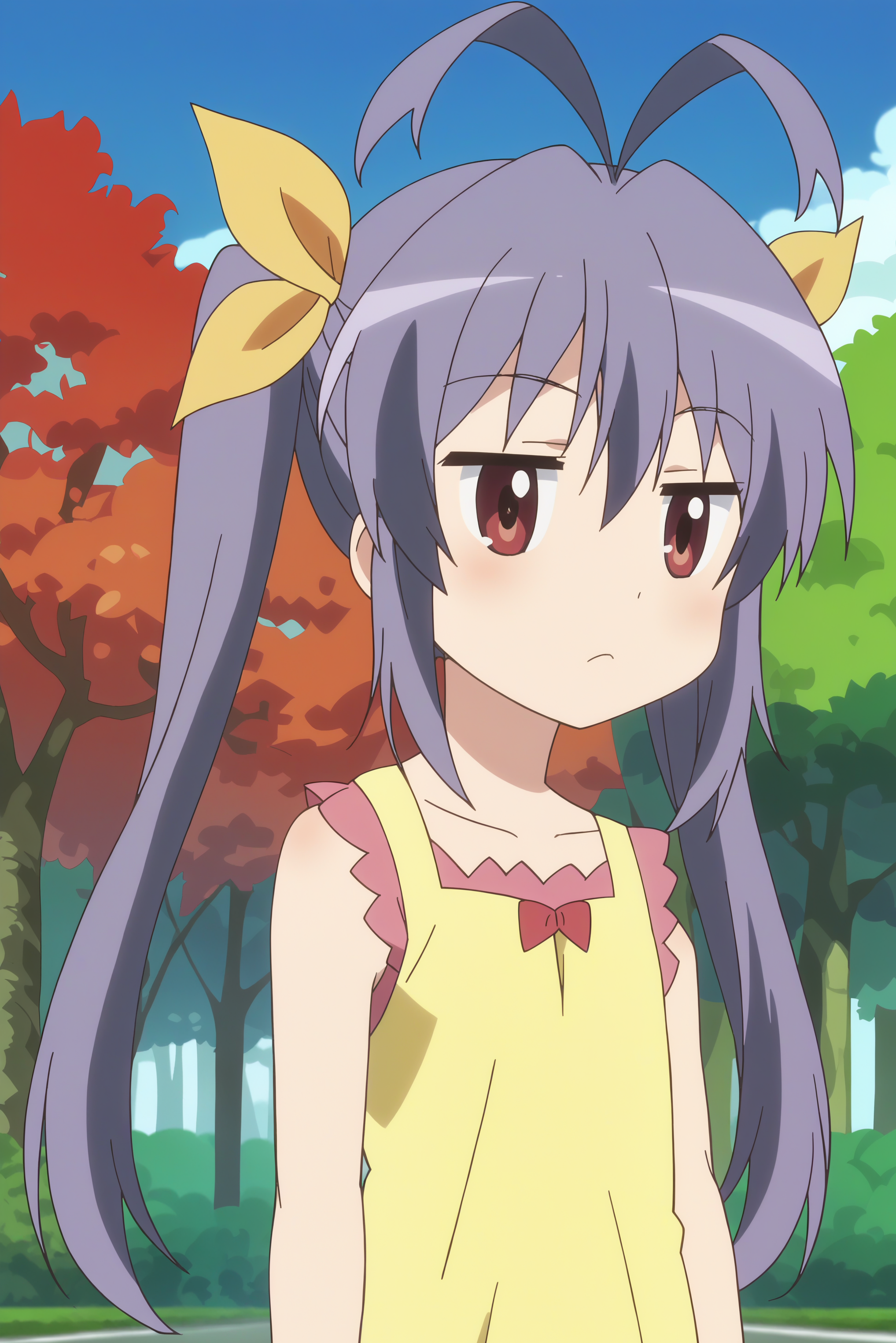 Renge Miyauchi, 1girl, solo, score_9, anime screencap, flat colors, flat shadows, upper body, outdoors, perfect background, consistent background, daylight, trees, willage, sky <lora:Non_Non_Biyori-Renge_Miyauchi-PDXL:0.8>