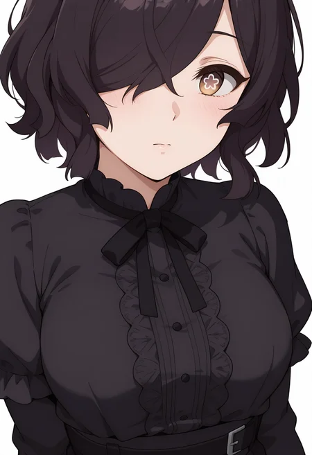 Smooth Quality,masterpiece,very intricate, high quality details, high detailed skin,detailed enviorement,absurdres, 
simple background, white background,front view,
 :i,solo,
Kiclacnn, 1girl, black hair, brown eyes, symbol-shaped pupils, short hair, hair over one eye, 
 <lora:Kiclacnn:0.7>
t-shirt, ,gothic blouse,  ,high-waist pants, ,