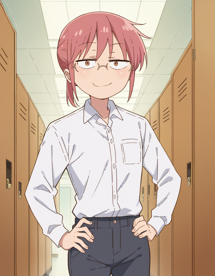 score_9, score_8_up, score_7_up, source_anime, <lora:dragon-kobayashi-s2-ponyxl-lora-nochekaiser:1>, kobayashi, ponytail, pink hair, glasses, short hair, brown eyes,, shirt, long sleeves, white shirt, collared shirt, pants, black pants, office lady,, school hallway, lockers, between classes, everyday life, , looking at viewer, smug, hand on hips,, solo,, dutch angle,
