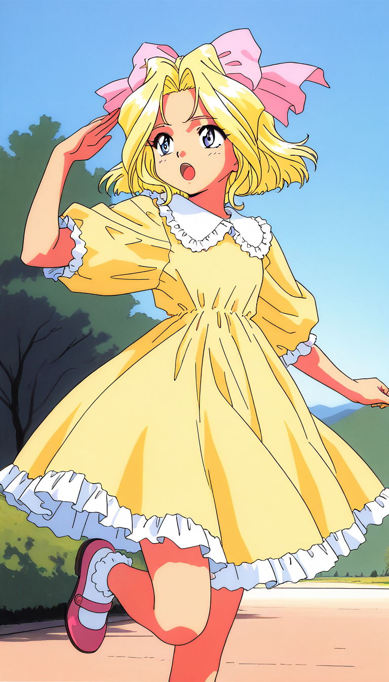 masterpiece, best quality, good quality, <lora:Iris_Chateaubriand_IS:1>IrisChateaubriand, blonde hair, pink bow, blue eyes, hair bow, short hair, bow, Yellow dress,
cowboy Shot, mary janes, frills, open mouth, 1990s (style), standing, outdoor, sky, day,