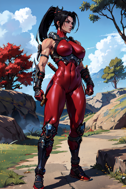 masterpiece,best quality,extreme detail,8k,<lora:Taki-10:0.8>, taki2,1girl,solo,breasts,large breasts,black hair,gloves,bare shoulders,ponytail,weapon,outdoors,sky,sword,cloud,signature,fingerless gloves,armor,tree,bodysuit,glowing,katana,shoulder armor,sheath,skin tight,weapon on back,
