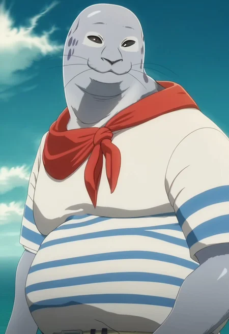 score_9_up, score_8_up, score_7_up, high quality, detailed, male, solo male, Sagwan, 1boy, mature male, anthro, spotted seal, light gray body, fat, big belly, dark gray sclera, black eyes, beastars, looking at viewer, smiling, outdoors, standing, ocean, dock, white and blue striped shirt, red neckerchief, dark blue shorts, half body, volumetric lighting, masterpiece