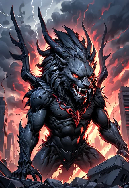 A Giant black lion Fenrir, protruding from gigantic city, fire emanates from its mouth, webbed wings, steel claws, horns, red eyes, angry, anger,1lion, anthro, webbed wings, steel claws, horns,(((lion king head))), (((solo))), demonic, necromancy, xenomorphic skin, xenomorphic toes, focus, red eyes, demonic  angry, anger, realistic illustration, 4K, detail, apocalyptic, lightning, darkened sky. Background shapes mimic the blurred motion of the surroundings, creating a sense of urgency and excitement. The overall atmosphere is energetic and vibrant, capturing the essence of competition and speed in a modern, artistic style. Hyper-detailed digital art, contemporary and dynamic, vibrant colors, highly detailed, 8K resolution.
style of greg rutkowski, janek sedlar, jenny saville:0]  <lora:vivid_everclear:0.35>  <lora:Sinozick:0.35>  <lora:MJ52:0.35>