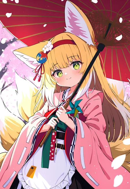 1girl, suzuran \(arknights\), suzuran \(yukibare\) \(arknights\),
solo, kimono, cherry blossoms, red hairband, frilled apron, hakama skirt, white flower, smile, flower, sash, fox girl, red umbrella, fox tail, long hair, skirt, oil-paper umbrella, tail, umbrella, animal ear fluff, looking at viewer, japanese clothes, official alternate costume, white apron, blonde hair, animal ears, waist apron, closed mouth, holding, black hakama, frills, pinwheel, wide sleeves, hairband, multiple tails, pink kimono, hakama, obi, long sleeves, petals, fox ears, green eyes, apron,
masterpiece, best quality
<lora:Siro9_nobep10-000013:1>