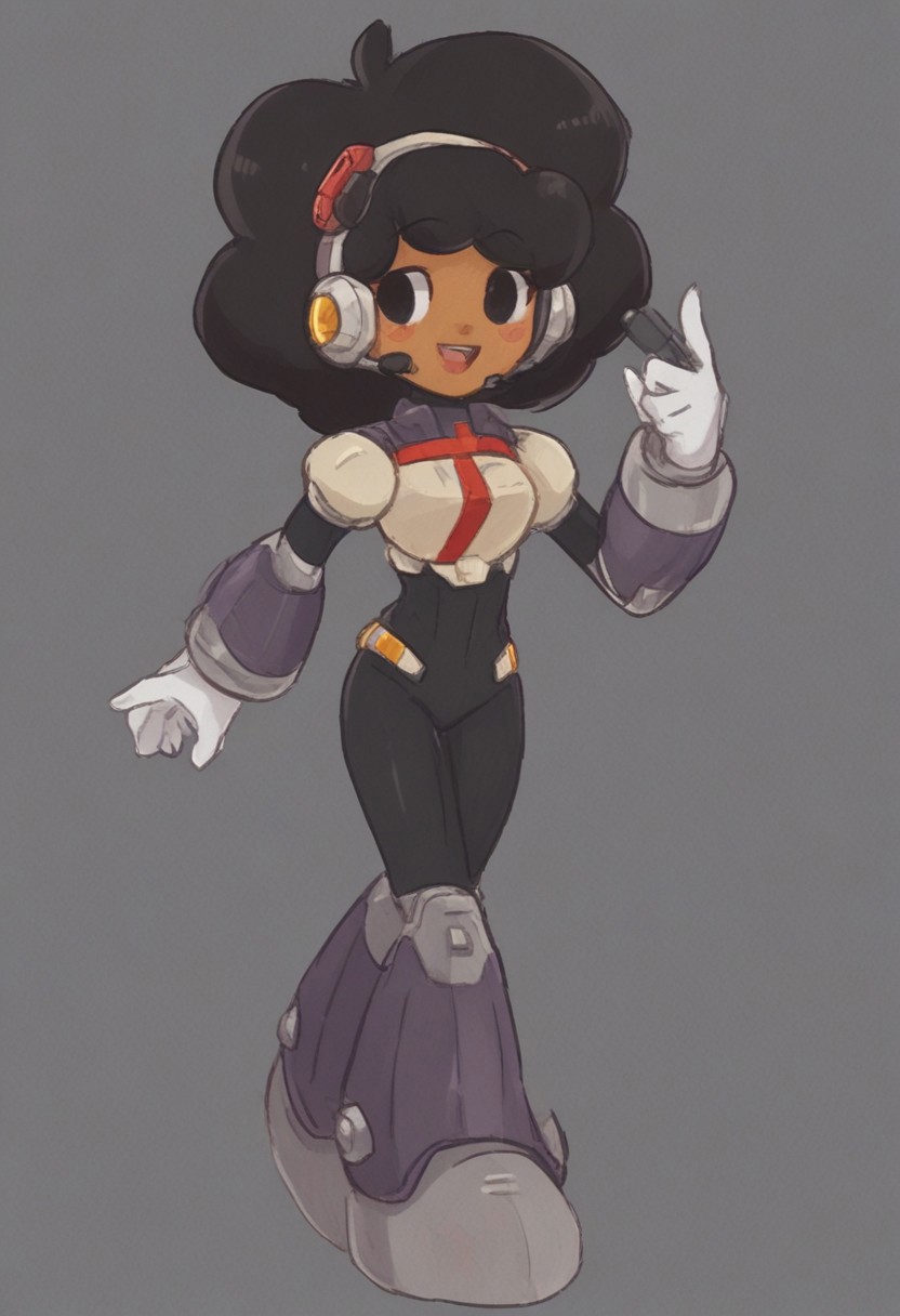 megamanreploid, android, gloves, white gloves, armor, bodysuit, robot ears, headset, carol, 1girl, solo, smile, open mouth, black hair, full body, dark skin, black eyes, dark-skinned female, blush stickers, big hair, very dark skin, afro