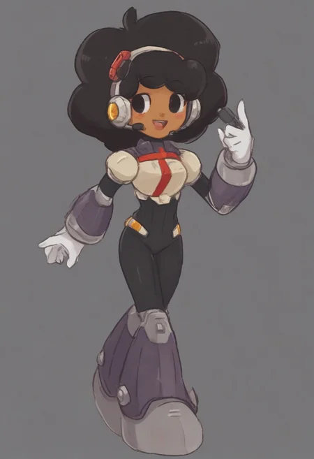 megamanreploid, android, gloves, white gloves, armor, bodysuit, robot ears, headset, carol, 1girl, solo, smile, open mouth, black hair, full body, dark skin, black eyes, dark-skinned female, blush stickers, big hair, very dark skin, afro