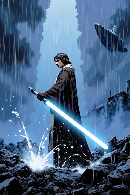 A lone Jedi in jedioutfit stands in the midst of a torrential rainstorm on a shattered bridge, their lightsaber ignited, casting a vivid blue glow that contrasts with the bleak, stormy skies. Surrounding them, water splashes from the strikes of droid attackers, while the distant silhouette of a massive starship looms ominously. The Jedi's calm stance and focused expression embody the balance between the chaos around them and the serenity within. The air crackles with the energy of the Force, faint ripples visible as they deflect incoming blaster fire effortlessly.<lora:JEDIOTFIT_FLUX> <lora:flux_manga_ske:0.2><lora:Vintage comic book:0.5><lora:RetroAnimeFluxV1:0.3><lora:Greg_Capullo_style:0.3>