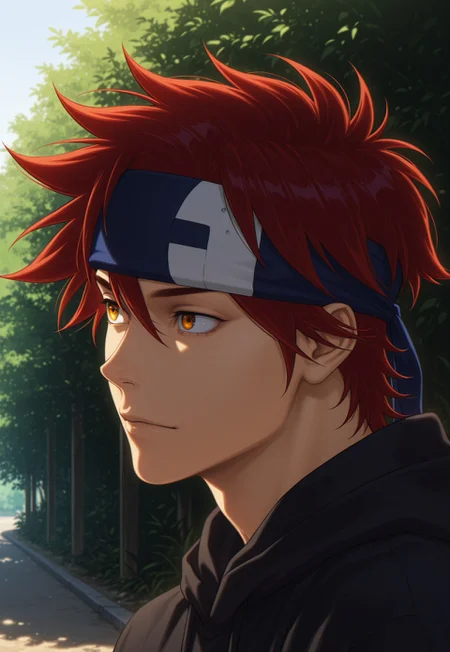 detailed details, shaded, detailed shading, detailed skin, shaded skin, realistic shading, countershading:1.1, outdoors, 1boy, solo, Reki Kyan, amber eyes, red hair, headband, gentle, looking away, side view