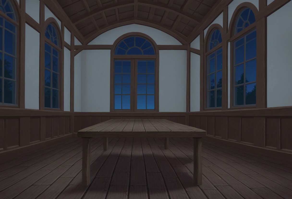 best quality, masterpiece, amazing quality, very aesthetic, absurdres,
indoors, no humans, dark, mansion, wood, table, window, night