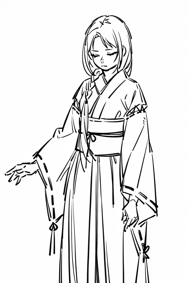 <lora:Sktchst_IL:1> sktchst, 1girl, monochrome, solo, greyscale, long hair, japanese clothes, braid, simple background, closed eyes, white background, closed mouth, kimono, wide sleeves, long sleeves, single braid, sash, sketch, ribbon trim, ribbon-trimmed sleeves, obi