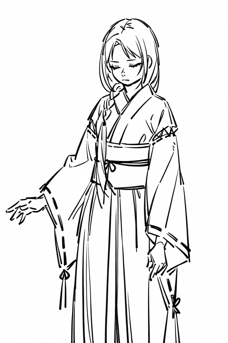 <lora:Sktchst_IL:1> sktchst, 1girl, monochrome, solo, greyscale, long hair, japanese clothes, braid, simple background, closed eyes, white background, closed mouth, kimono, wide sleeves, long sleeves, single braid, sash, sketch, ribbon trim, ribbon-trimmed sleeves, obi