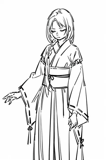 <lora:Sktchst_IL:1> sktchst, 1girl, monochrome, solo, greyscale, long hair, japanese clothes, braid, simple background, closed eyes, white background, closed mouth, kimono, wide sleeves, long sleeves, single braid, sash, sketch, ribbon trim, ribbon-trimmed sleeves, obi