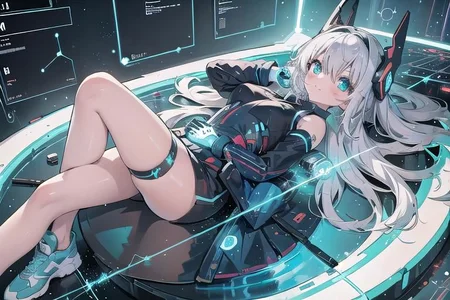 (masterpiece), (science fiction:1.4), 1girl, lying on the back on a mirror, lying on the back on a mirror, lying on the back on a mirror, smile, silver hair, aqua eyes, headgear, long sleeves, detached sleeves, glowing energy clothing, light particles, energy particles, perfect hands, perfect legs