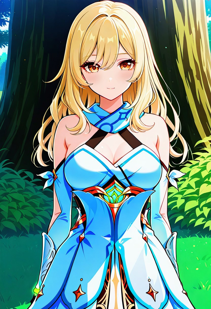 absurdres, best quality, masterpiece, amazing quality, highres, newest, detailed, source anime, anime coloring, beautiful, fantasy, outdoors, 
BREAK
1girl, solo, KijHyou, brown eyes, blonde hair, long hair,, wavy hair, light smile, light blush, looking at viewer,
BREAK
cosplay, lumine \(genshin impact\) \(Cosplay\)
