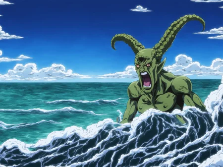 Cthulhu rising from the sea in a great storm, Very detailed, clean, high quality, sharp image, jojoso style <lora:SDXL-jojoso_style-Lora:1>, based on H.P Lovecraft stories