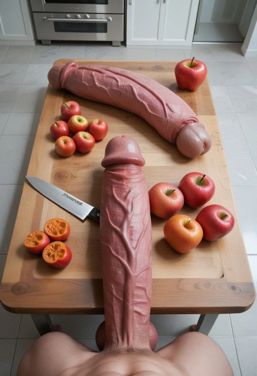 top down view, from above, POV of penis++ on table, cock on block+++, massive fat long veiny penis on cutting board, knife, huge long veiny erection, penis lying on cutting board , with huge knife in frame ,background, indoors ,cutting board ,knife, kitchen, apples, orange, peppers, meat balls, bathroom score_9 score_8_up score_7_up action scene movie stil , food cooking show, massive fat long veiny penis on cutting , many cock on board