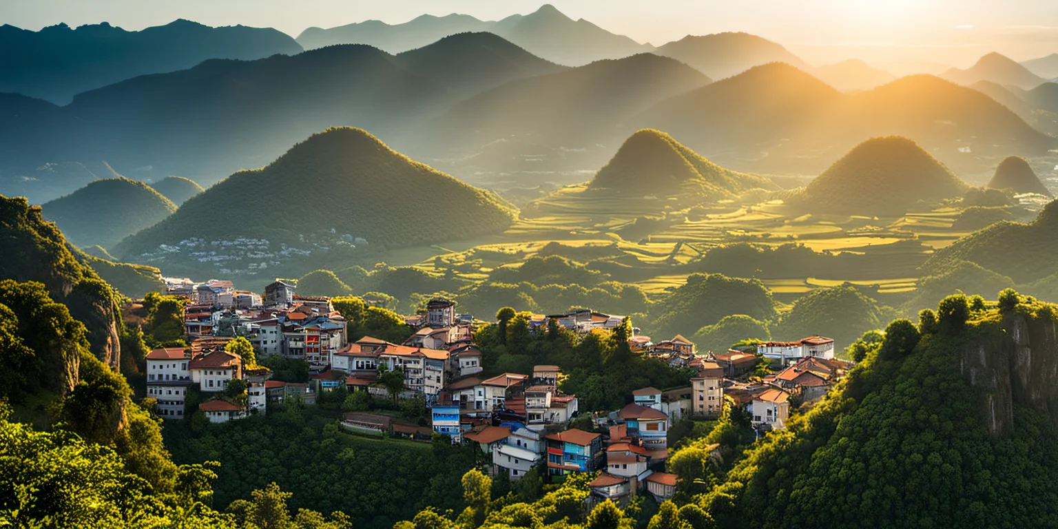 a view of a village and mountains from a hill top in the sun light, realicstic, bacsonvietnam, <lora:bacsonvietnam-000004:1>, (masterpiece,best quality:1.5), ultra realistic,32k,RAW photo,(high detailed skin:1.2), 8k uhd, dslr, soft lighting, high quality, film grain