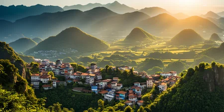 a view of a village and mountains from a hill top in the sun light, realicstic, bacsonvietnam, <lora:bacsonvietnam-000004:1>, (masterpiece,best quality:1.5), ultra realistic,32k,RAW photo,(high detailed skin:1.2), 8k uhd, dslr, soft lighting, high quality, film grain