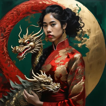 Modern beautiful biracial girl in an asymmetrical dress, with her small pet Chinese dragon curled around her arm. double exposure. Luminous spotlighting and deep jade and rich red colours, gold leaf highlights. Masterpiece, very fine detail, ink and oil pastel,