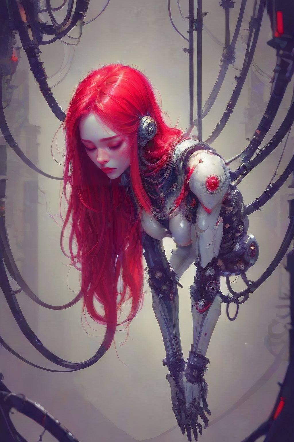score_9,score_8_up,score_7_up,score_6_up,score_5_up,score_4_up,<lora:Turbo_XL:1>,<lora:imaginative:1>,imaginative_art, android, cable, closed eyes, hanging, long hair, makeup, mechanical parts, pale skin, red hair, robot girl, robot torso, 1girl