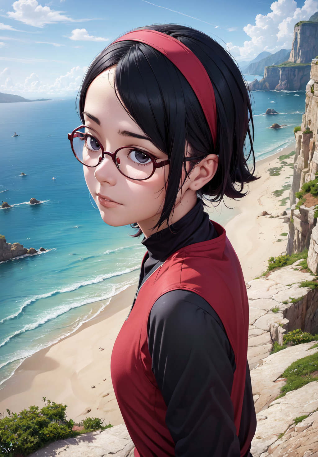 (Digital Artwork:1.3), 1girl, sfw, <lora:uchiha_sarada:0.8>, uchiha_sarada, 1girl, solo,, light skin, quarter turn,1/4 body pose, upper body view, eyes focus, looking at the viewer, (dreamy facial expression:1.3), black eyes, hairband, clear glasses, petite body, in early twenties, petite breasts, Ninja costume, dramatic cliffs overlooking the ocean, forehead protector, (masterpiece, best quality, absurdres, detailed, ultra-detailed:1.3), charming, (trending on CGSociety, trending on pixiv, contest winner:1.3)
