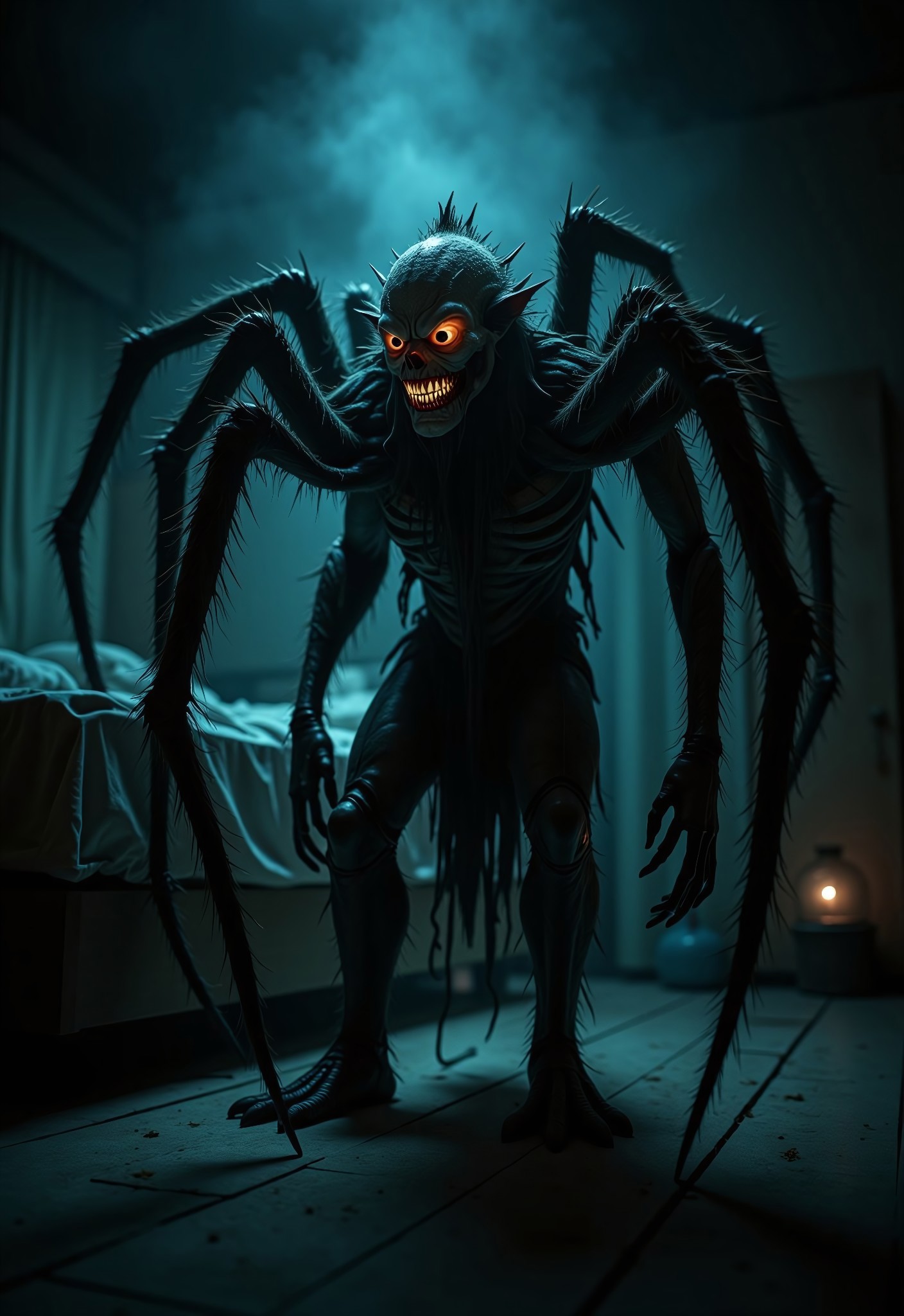 aidmaimageupgrader, a high quality digital image of an intricately detailed terrifying cybord spider-clown hyrbird standing in a darkened bedroom, they glow at night, the imagehas a general feeling of terror and dread because we all hate clowns