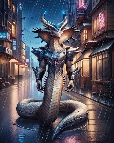 score_9, score_8_up, score_7_up, rating_questionable, intricately detailed,
<lora:HoshiBoys_Style:1>,
<lora:Viper_King_XCOM_2:0.8>,
1boy(v1per_king, sp1key_armor, full body, reptilian, white scales, black spikes, solo, looking at the viewer),
rain, wet street, wet, science fiction city, futuristic buildings, high rises, on a road, at night, darkness, rainfall, dark theme,
depth of field, detailed background,
<lora:ral-chrosc-clr:0.5>, ral-chrosc-clr,
<lora:Expressive_H:0.5>, expessiveH,
<lora:xl_more_art-full_v1:0.3>,
<lora:add-detail-xl:0.3>