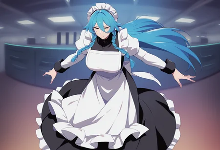masterpiece, best quality, <lora:age_slider_v4:4>,detailed_background,indoors,white apron,parted lips,long hair,breasts,maid,very long hair,1girl,alien stage,feet out of frame,dress,heartworm0,long sleeves,long dress,twin braids,solo,highres,cropped,frills,white sleeve cuffs,apron,braid,grey eyes,black dress,mizi \(alien stage\),star \(symbol\),blue hair,official alternate costume,frilled apron,long hair between eyes,hair between eyes,maid headdress