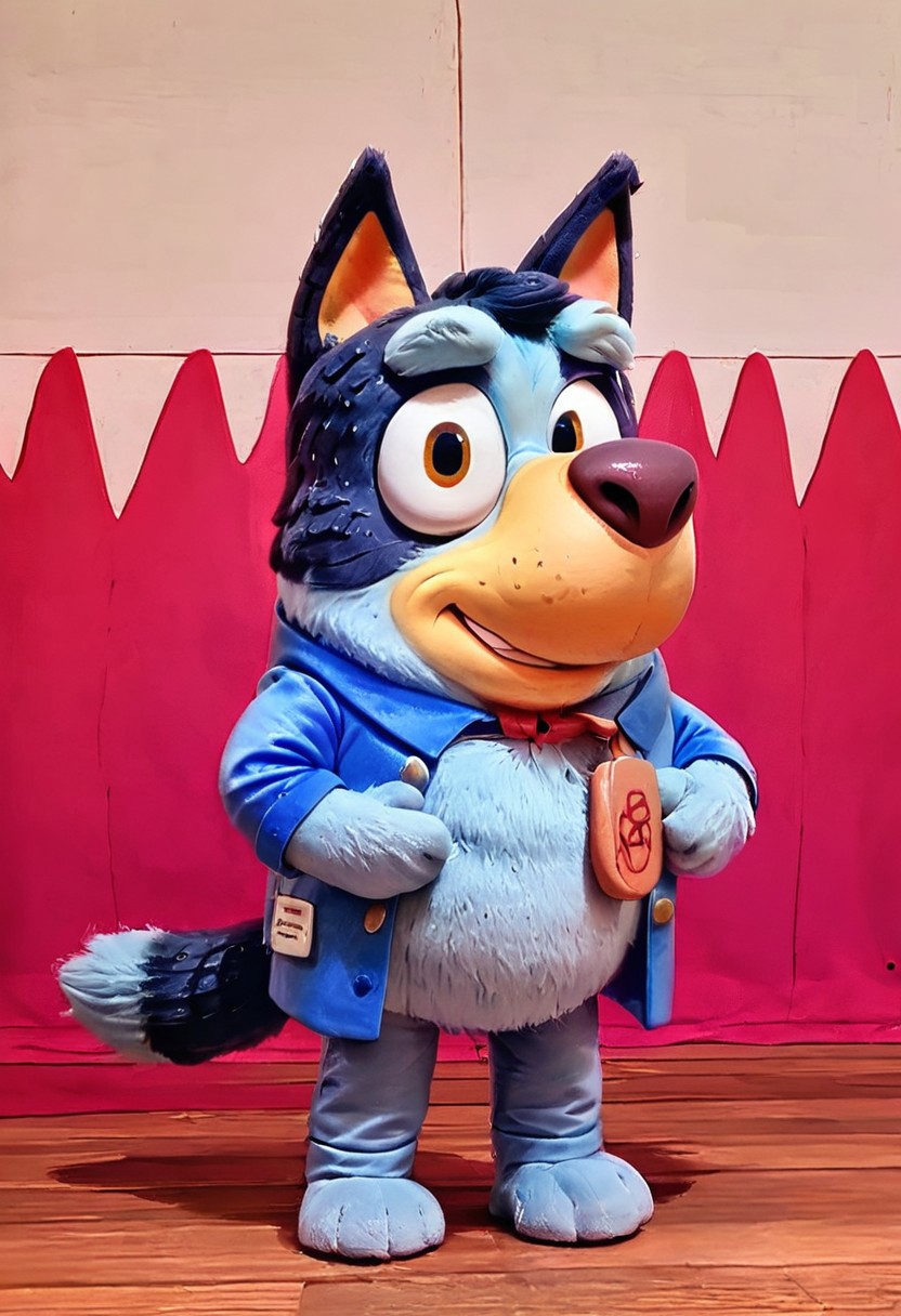 Bluey, score_9, score_8_up  score_7_up, male, dressed as a professor giving a Ted talk, audience in background, Bluey style, detailed fur