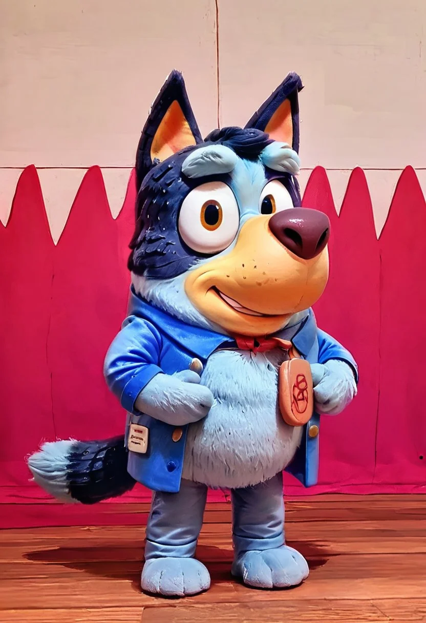 Bluey, score_9, score_8_up score_7_up, male, dressed as a professor giving a Ted talk, audience in background, Bluey style, detailed fur