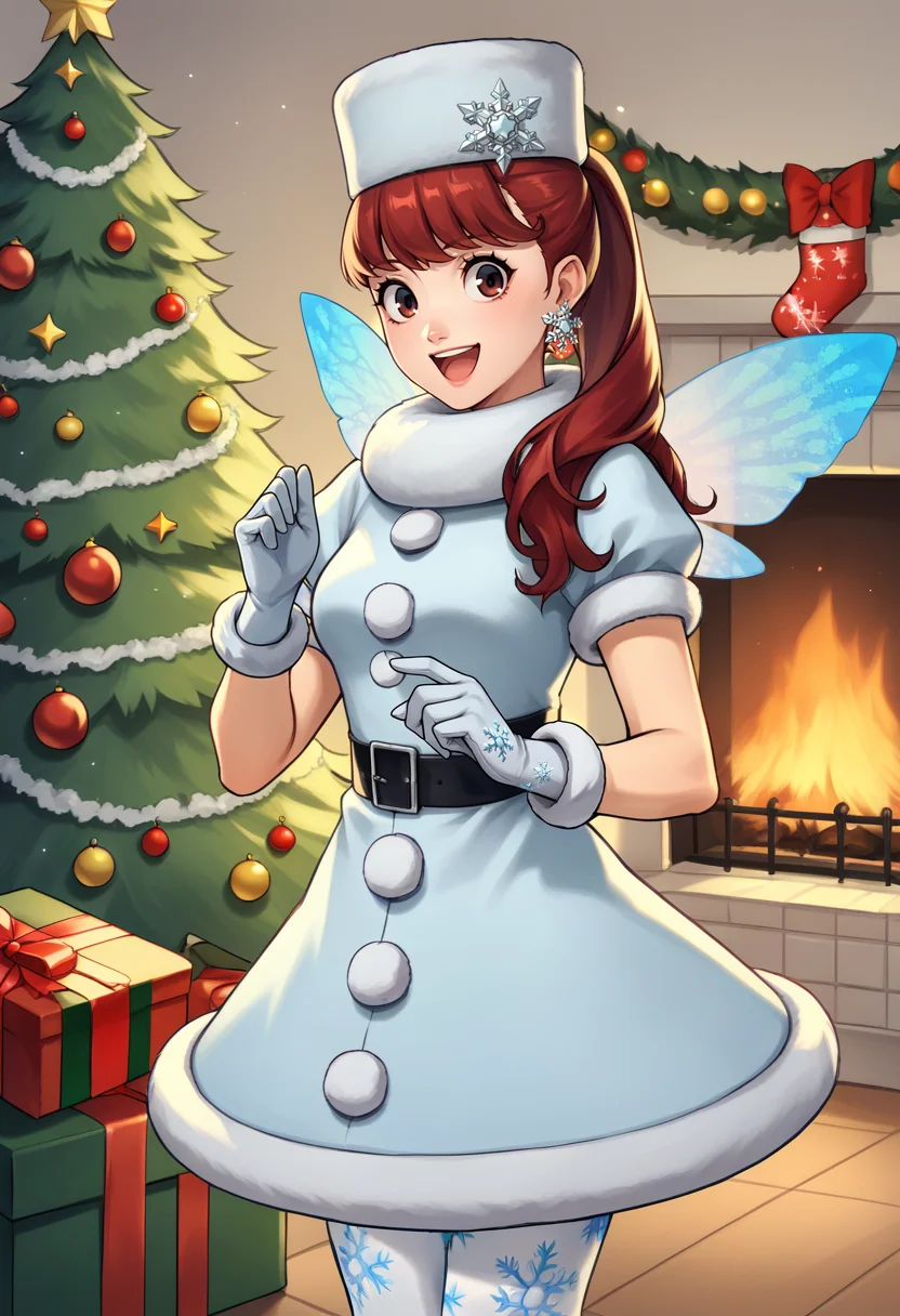 score_9, score_8_up, score_7_up, source_anime, 1girl, cowboy shot, happy, smile, open mouth, <lora:KasumiP5-pdxl:1> xmasSumi, long hair, ponytail, fur hat, snowflake earrings, fur-trimmed dress, medium breasts, fur-trimmed gloves, fairy wings, snowflake print pantyhose, indoors, christmas tree, presents, fireplace