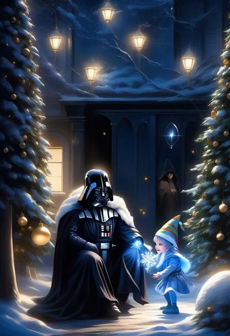 very dark Christmas night scene with (dark vador) and a (cute Blue Epoch Elf:1.5) trying to find a faint light among shadows Christmas decorations, smile, fluffy, shadows, only the face is lighted, holiday atmosphere, ultra-fine, digital painting