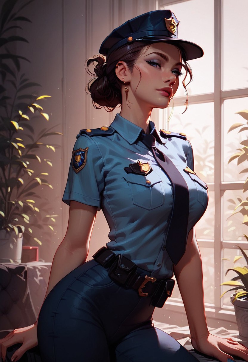 score_9, score_8_up, score_7_up, score_6_up, score_5_up, score_4_up, cartoon, (4k quality, masterpiece):1.4), ( best quality:1.1), 1woman, gorgeous, police officer, brunette updo, officers cap, aviators, updo, dark navy police officers uniform, (athletic:1.2), (thin:1.2), confident, fierce, (sexy pose), illustration,