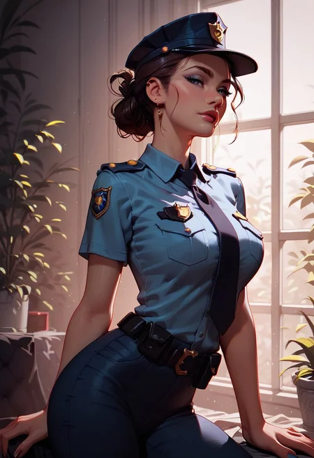 score_9, score_8_up, score_7_up, score_6_up, score_5_up, score_4_up, cartoon, (4k quality, masterpiece):1.4), ( best quality:1.1), 1woman, gorgeous, police officer, brunette updo, officers cap, aviators, updo, dark navy police officers uniform, (athletic:1.2), (thin:1.2), confident, fierce, (sexy pose), illustration,