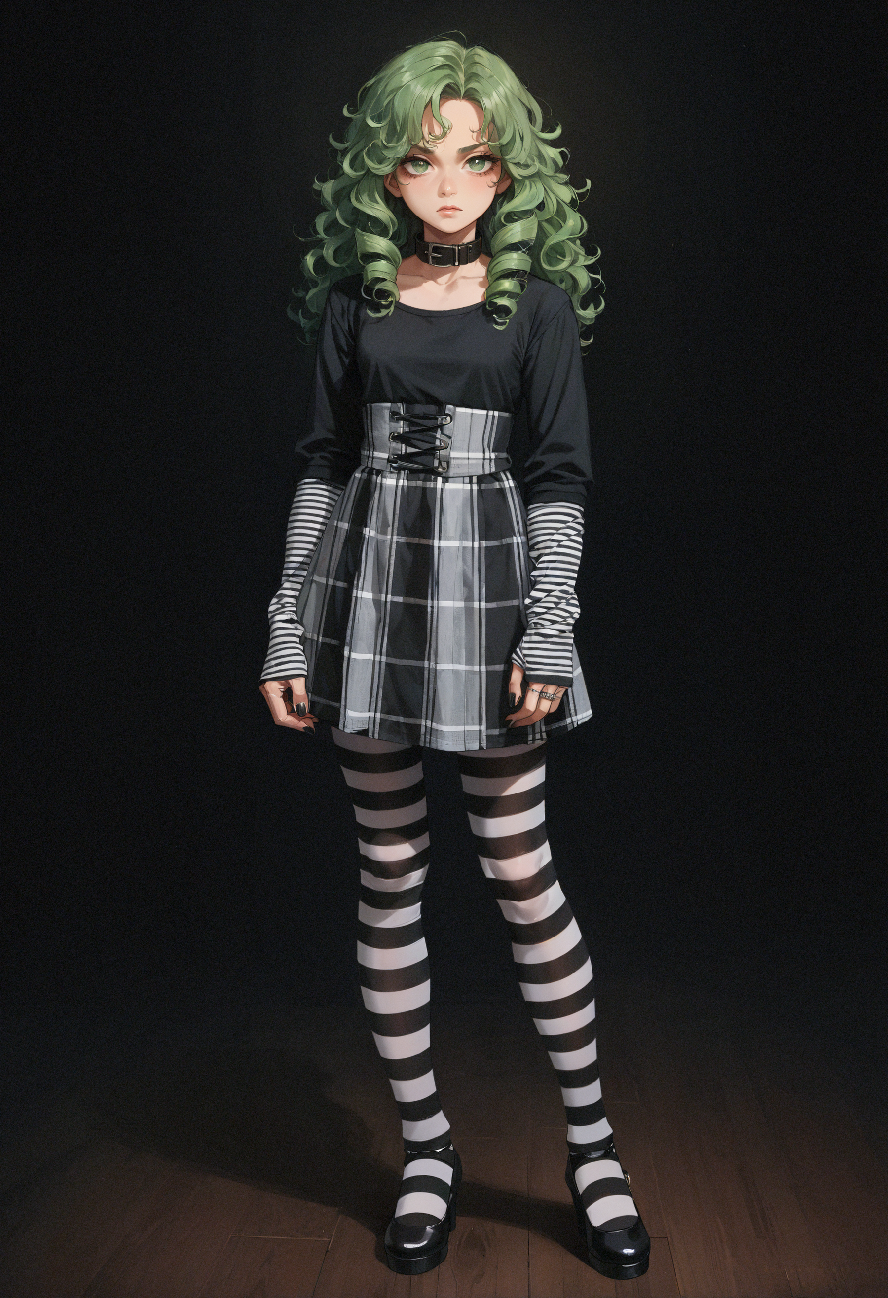score_9,score_8_up,score_8_up,(portrait:1.3),dark background,1girl,standing,full body,green hair,very long curly hair,green eyes,high-waist plaid skirt,striped clothes,striped pantyhose,black top,long sleeves,black platform high heels,small breasts,black nails,multiple rings,striped sleeves,black collar,striped arm warmers,sleeves past wrists,high-waist skirt,<lora:MyTrainings\Temp\AlterCiri_Striped_Socks_Goth_Dress_Pony_ARZUMATA\AlterCiri_Striped_Socks_Goth_Dress_Pony_ARZUMATA.safetensors:0.6>