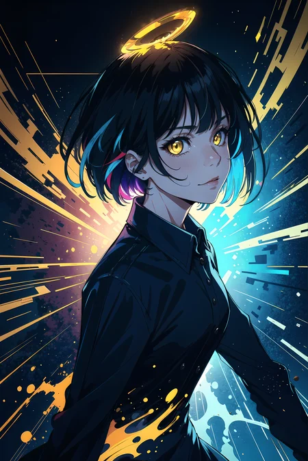 ((Highest picture quality)) an girl, dramatc light, (movie poster), Detailed eye description, the portrait is centered, negative space, floating colorful ink, many colorful tatoos, tilted head, vortex magic, multicolored, beautiful detailed glow, grim expression, smile mouth, (black yellow hair), short hair, from behind, halo, dynamic pose, asymmetrical hair, blue collared shirt, puffy dress, (blue pupils), (dark color splash), diagonal bangs,,straight hair,sweater, night, shiny skin, (backlight), lens flare, epic detailed, colored background,
