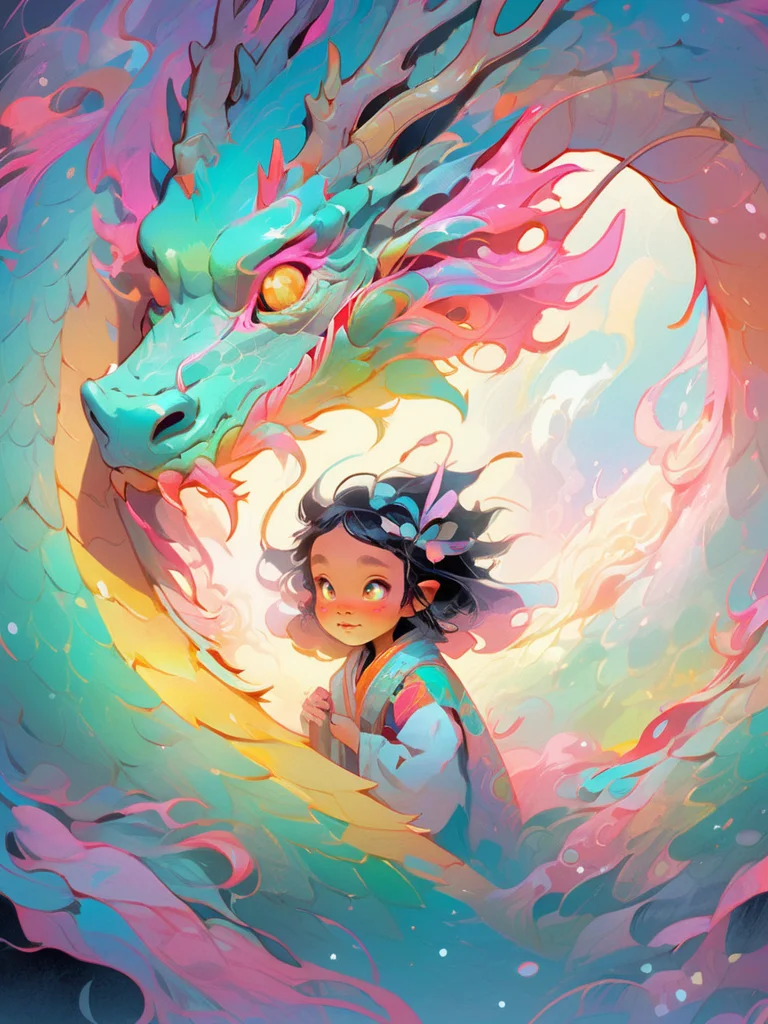 1 eastrn dragon surrounds the little girl,colorful,Symphony,shiny and glossy,bright color,brian kesinger,luminous color palette,Bright color combination,in the style of psychedelic manga,cyan and pink style,lridescent,<lora:Symphony_dragon:1>,
