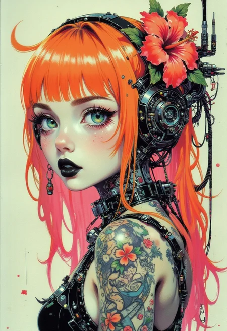 <lora:ck-nc-pastel-cyberpunk:1>, A digital artwork in the style of cknc, extreme close-up Portrait of a beautiful, stunning unique cyborg girl. She has large turquoise eyes filled with joy and excitement, extravagant eyelashes, She has neon orange hair cascading down her shoulders, contrasting sharply with her black lipstick.making this image a masterpiece art style is highly detailed, in the vein of futurist anime, capturing the beauty of the cyborg girl. 32k UHD, expressive eyes, cyberpunk, graphic design, orange hibiscus tattoo, girl's face, side view, pretty and cute, gleaming lips, white skin, telling a tale of adventure. Exuding confidence and serenity. Vibrant tattoos adorn her sun-kissed skin
