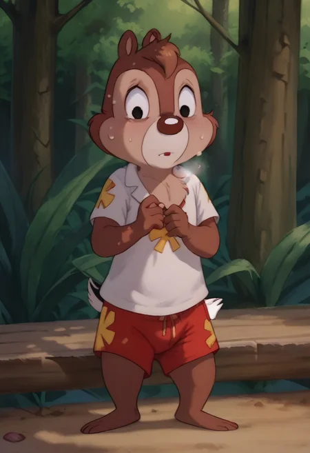 score_9, score_8_up, score_7_up, score_6_up, 1boy, hi_res, Dale chipmunk, chipmunk, chipmunkl tail, chipmunk anthro, Cartoon, detailed background, negative_hand, slim, big eyes, 4fingers, 4k, ultra detailed, focus eyes, long chipmunk legs, tired face, (summer forest:1.4), sitting on bench, heavy breathing, sweating, sports shorts. full body view, front view, only shorts, no shirt