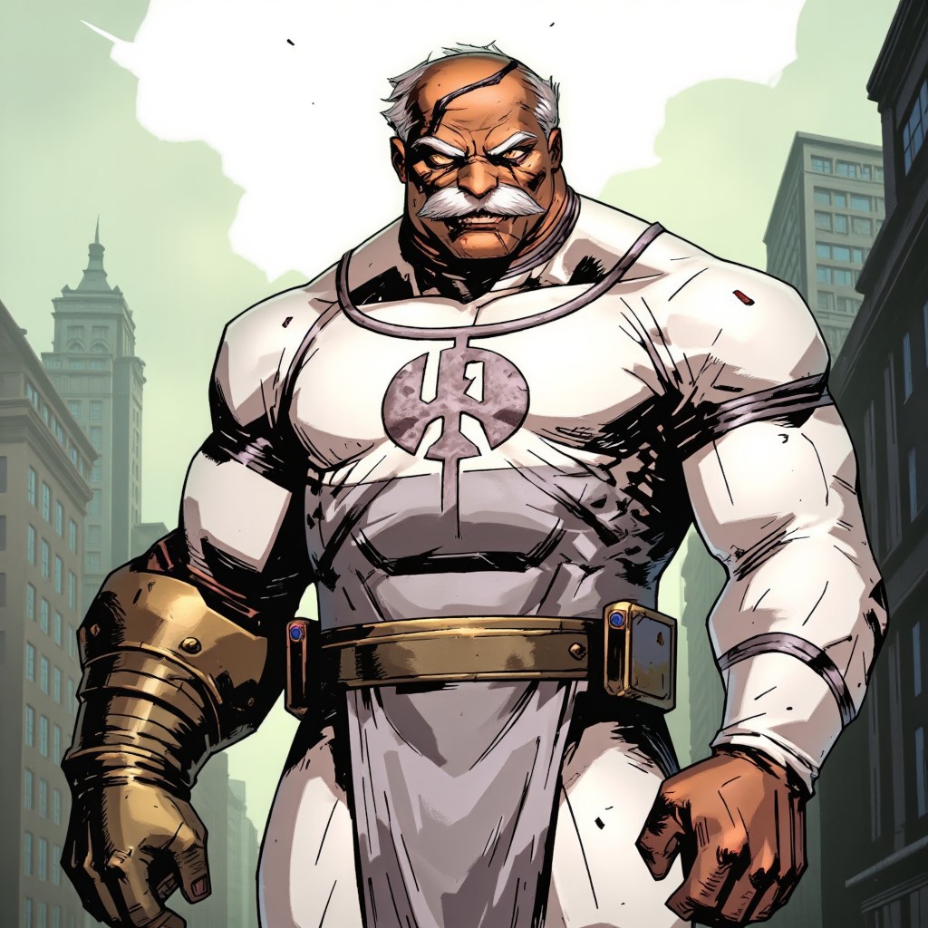 Inked comic illustration in TTCSV1.0 artstyle that features C0nq-FLUX, old muscular man with right mechanical hand, scar across his face and blind rigt eye, This image is a digital drawing in a comic book style, featuring a muscular, imposing figure of a man standing in a cityscape. The man is depicted in a white, high-tech suit that appears to be part of a superhero costume. The suit is form-fitting, with a prominent, stylized emblem on his chest, which resembles a stylized tree or leaf design.
