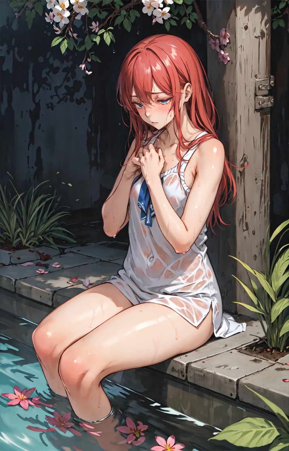 best quality, detailed background, girl, spring,shy,solo, breath, wet:0.6,tired