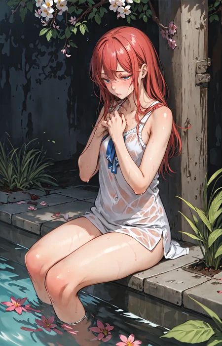 best quality, detailed background, girl, spring,shy,solo,  breath, wet:0.6,tired